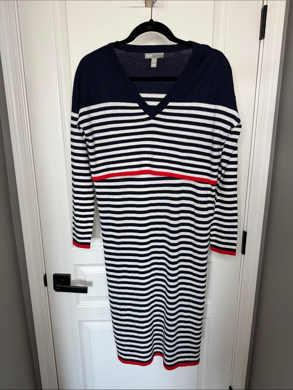 ASOS Navy, White & Red Striped V‑Neck Midi Dress
